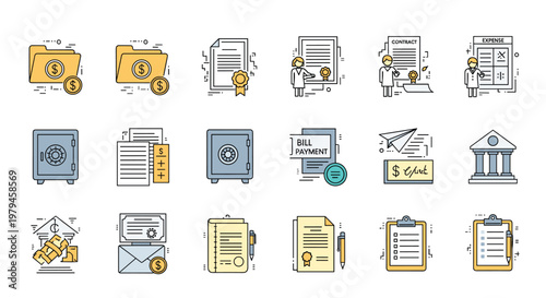 Comprehensive set of finance and legal icons including folders, contracts, safes, and banking documents graphics.