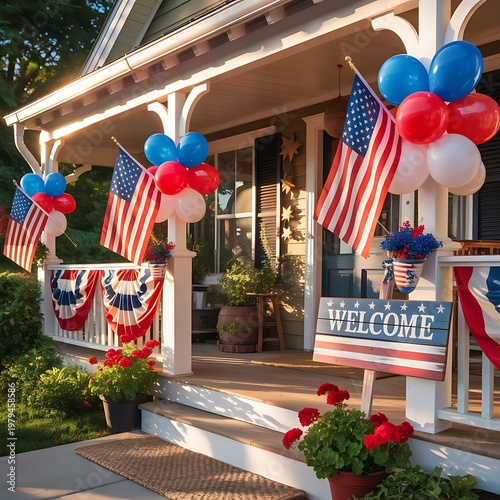 A house porch decorated with American flags and balloons for a patriotic celebration