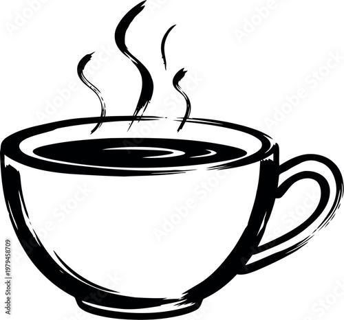 A simple black and white hand drawn sketch of a steaming cup of coffee or hot tea on white background
