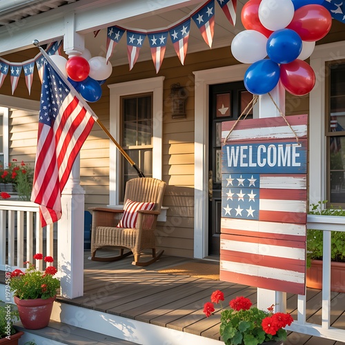 A cozy front porch decorated with patriotic elements for a festive celebration
