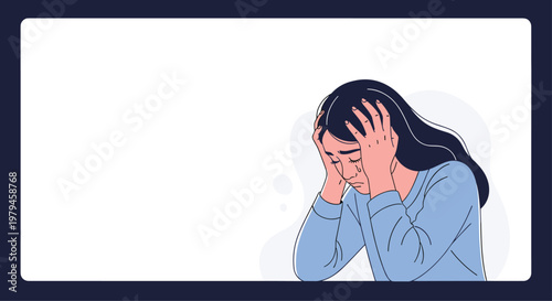 Distressed young woman holds her head in her hands while crying and expressing deep sadness or mental frustration.