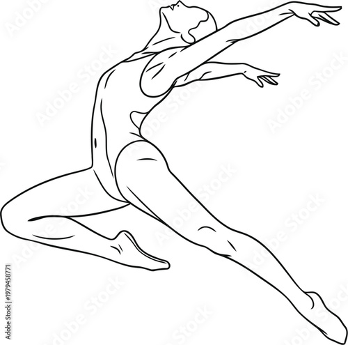A graceful line drawing of a female ballet dancer performing a dynamic leap in the air pose.