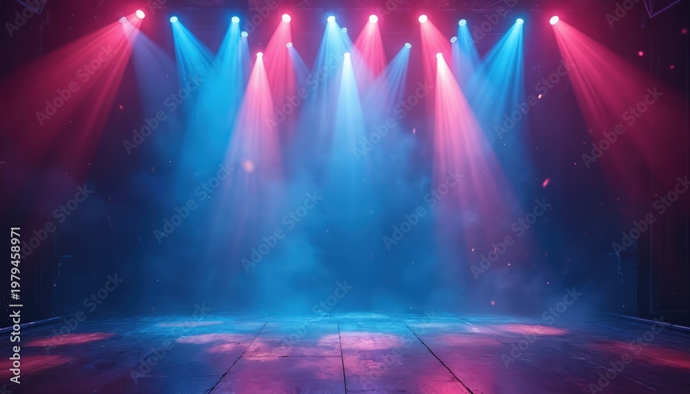 Fototapeta premium Stage floor lit by pink and blue spotlights. Smoky atmosphere with falling particles. Dark background with illuminated columns and beams. Dramatic lighting for performance or event.