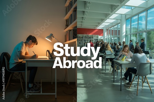 Students studying abroad in a modern library with large windows and a quiet atmosphere