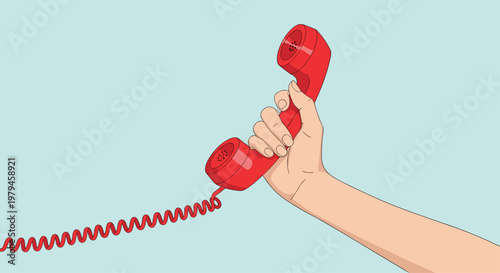 Human hand holds a classic red telephone receiver with a coiled cord against a solid light blue background color.