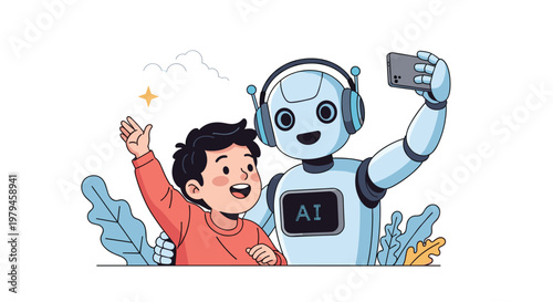 Cheerful robot and a happy young boy take a selfie together while waving in a futuristic technology setting scene.