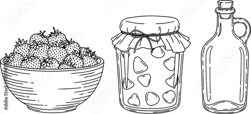 A hand drawn collection of fresh strawberries in a bowl with a glass jar and an empty glass bottle