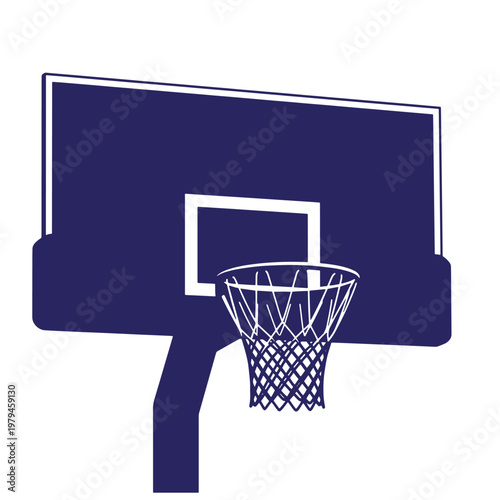 Dark blue basketball hoop and backboard, white background