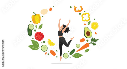 Joyful woman jumping in the air surrounded by a circular arrangement of various fresh vegetables and fruits symbolizing healthy eating.