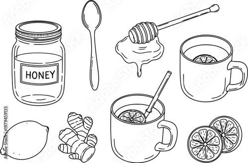 Black and white line art illustration featuring honey ginger tea ingredients for healthy living