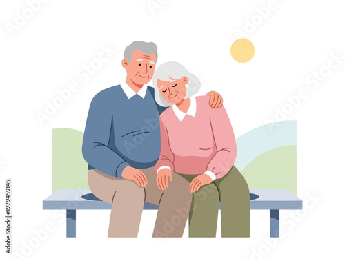 Elderly couple finding comfort in each other's presence on a park bench with gentle sunlight