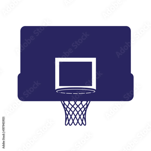 Dark blue basketball hoop with white outline, net on solid white background