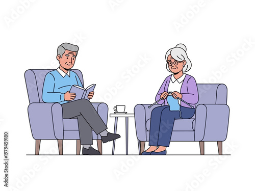 Elderly couple enjoying leisure time at home, man reading a book and woman knitting