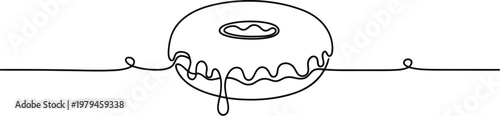 Minimalist continuous single line drawing of a delicious glazed donut on a plain white background