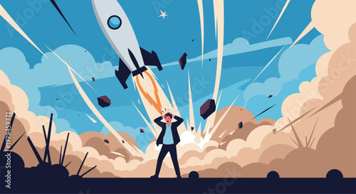 Stressed businessman feeling overwhelmed by pressure as a rocket launches into space behind him symbolizing a volatile startup.