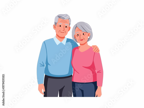 Elderly couple with arms around each other, smiling warmly, representing love and companionship in old age