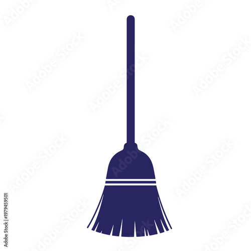 Dark blue broom with white stripes, on white background, cleaning tool sweep