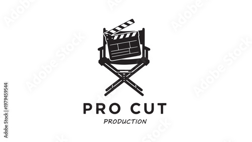 Film clapperboard with crossed tripod legs and pro cut production logo design for movie studio branding