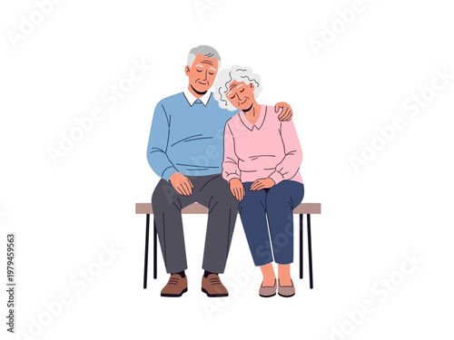 Elderly couple sitting on a bench, with the man's arm around the woman's shoulders
