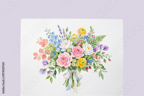 A vibrant bouquet of flowers with pink roses and a white ribbon on a light purple background with a white square, perfect for celebrations and special occasions.