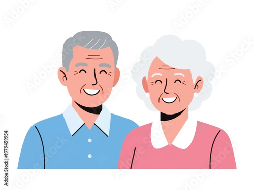 Illustration of a happy elderly couple smiling warmly, representing companionship and love in later years
