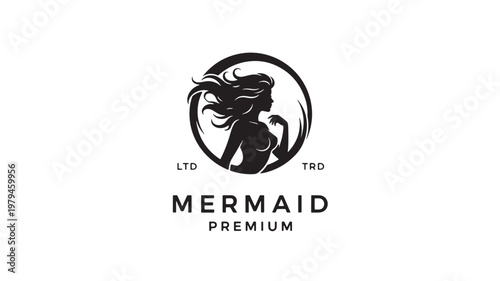 Merman logo premium vector emblem with black hair and face inside circular shield for branding and apparel