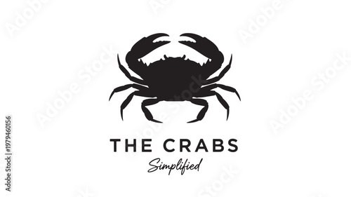 Crab icon with simplified silhouette and bold black design, centered with caption text for branding and logos
