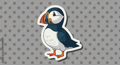 Cute puffin bird cartoon sticker with its characteristic colorful beak standing on a grey polka dot background.