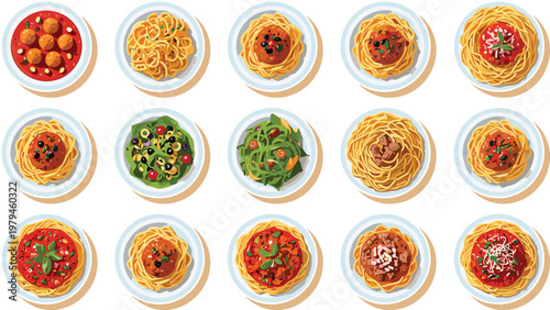 Italian Pasta Vector Set with Spaghetti, Meatballs, Sauces, and Toppings for Restaurant Menus, Food Blogs, and Culinary Projects