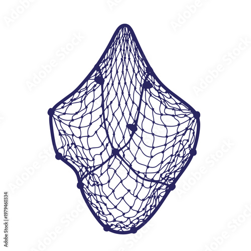 Dark blue fishing net, crumpled and viewed from the side, on a white background, netting mesh