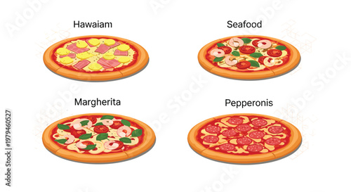 Collection of four different types of pizza including Hawaiian seafood Margherita and pepperoni on a white background.
