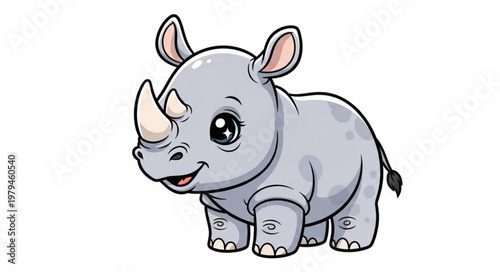 Cute Cartoon Baby Rhinoceros Standing Isolated on White Background.