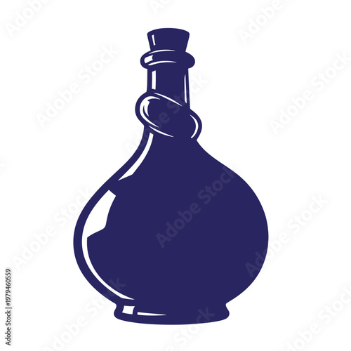 Dark blue glass bottle with stopper, bulbous body and twisted neck