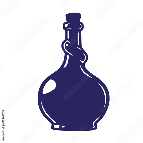 Dark blue glass bottle with twisted neck and stopper, isolated on white