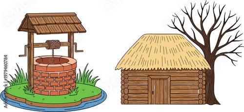 Rustic Well and Thatched Hut Illustration Set with Wooden Structures and Nature Elements for Countryside, Rural, and Vintage Designs