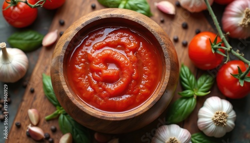 Wooden bowl holds fresh tomato sauce with ripe tomatoes basil and garlic nearby. Natural ingredients sit on cutting board ready for cooking. Rustic kitchen scene features healthy meal prep.