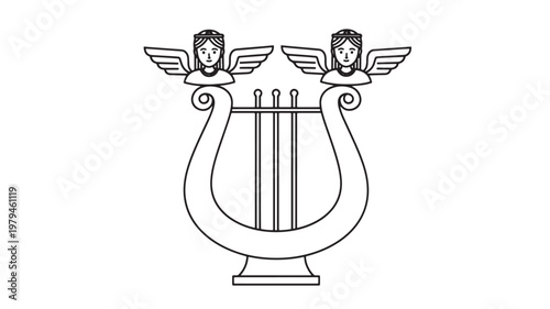Harp with wings ornament icon for music symbolism and vintage religious decoration on a clean background