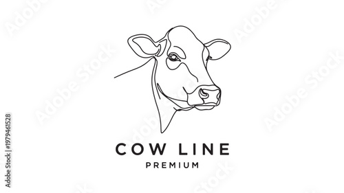 Cow head line art with bold outline and modern premium logo typography for farm dairy branding featuring cattle, vector style, ranch with agriculture