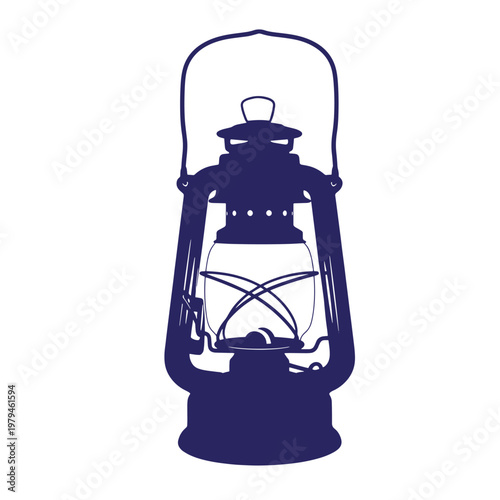 Dark blue silhouette of a vintage kerosene lantern with handle vintage lantern