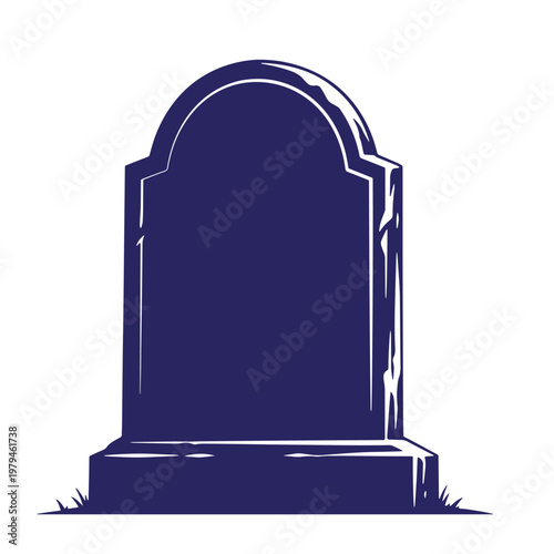 Dark blue tombstone with white outline on white background, gravestone headstone