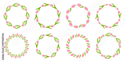 Vector set of hand drawn pink tulip wreaths. Circular floral frames on white background. Garland borders for romantic spring stationery, printable wall art, blog headers, delicate feminine branding.