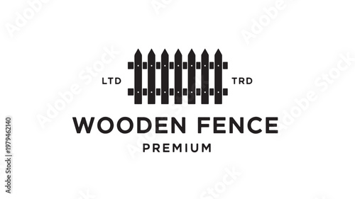 Wooden fence premium typography logo with stylized picket fence and letters LT D TR D featuring monogram, brand mark, gate with boundary and property