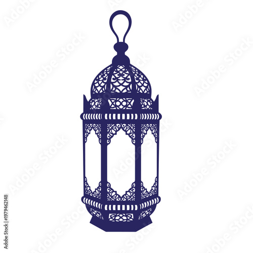 Dark blue, hanging lantern with intricate, lace-like metalwork and a loop handle purple