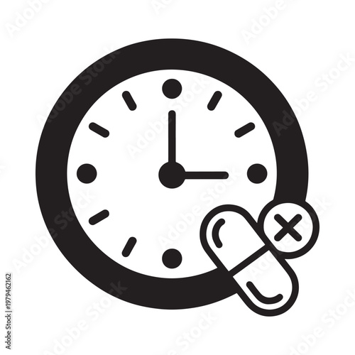 A black outline of a clock face with a pill nearby signifying timing