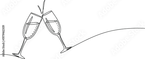 Minimalist single continuous line drawing of two champagne glasses clinking for a celebration