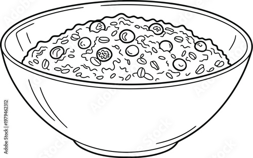 A black and white line art illustration of a bowl filled with healthy oatmeal and fresh berries.
