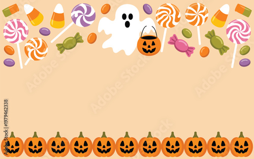Halloween border with candy corn lollipops pumpkins and a ghost illustration trick or treat border design halloween decoration lollipop seasonal celebration illustration background