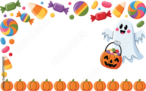 Happy halloween frame with a ghost holding a pumpkin candy bucket and assorted candies candy corn trick or treat halloween lollipop seasonal celebration illustration background template
