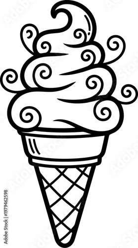 A black and white line art illustration of a delicious soft serve ice cream cone for coloring