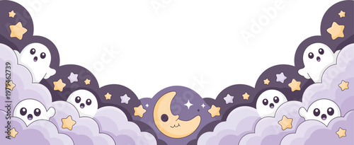 Night sky border with ghosts skulls stars a crescent moon design element celestial body halloween ethereal celestial mysterious illustration clip art empty space copy space decoration